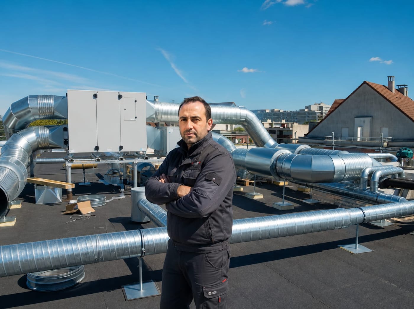 Technicien EDYCLIM devant une centrale de traitement d'air en toiture en Île-de-France