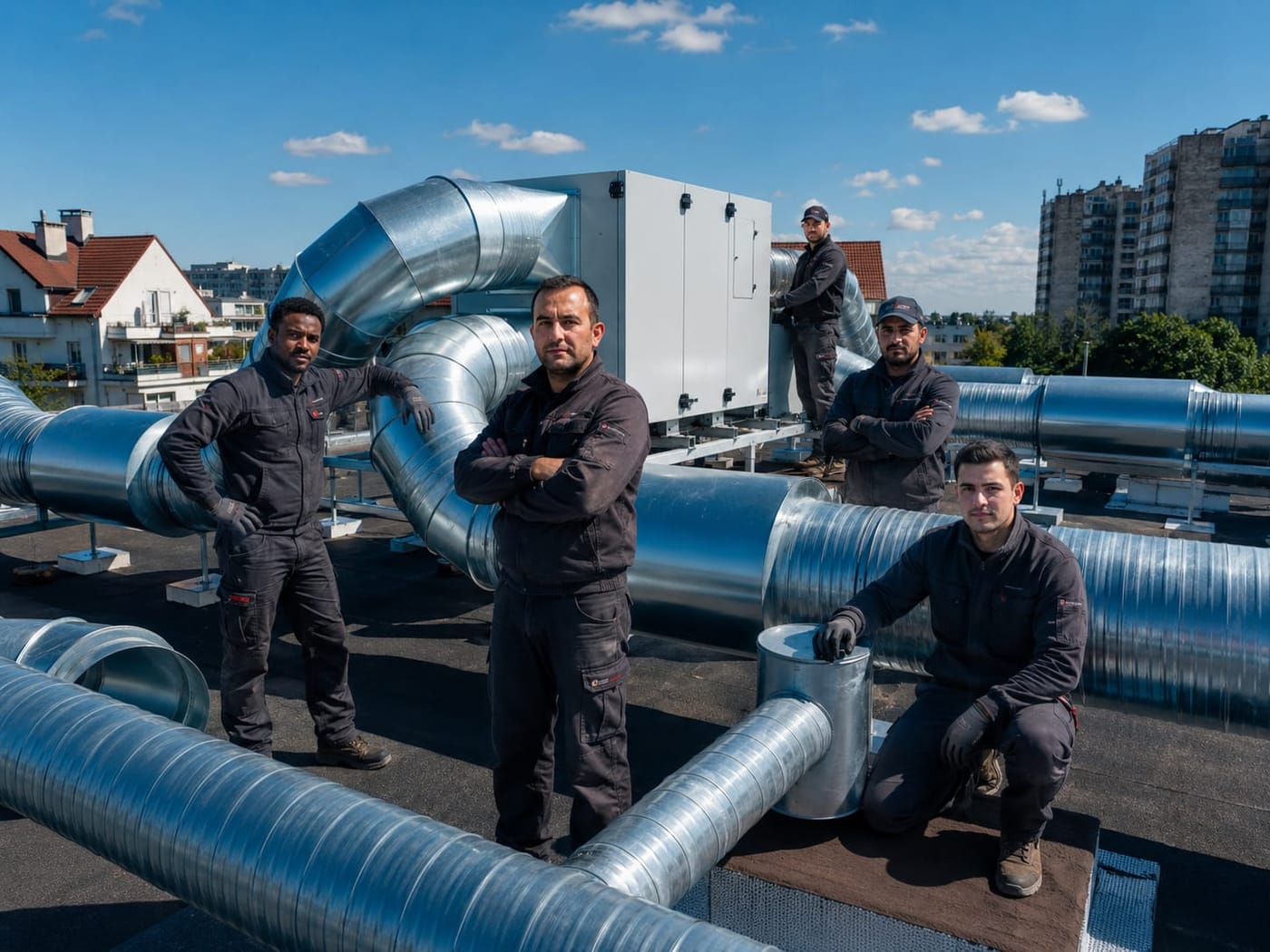Réseau de gaines de ventilation en toiture installé par l'équipe EDYCLIM