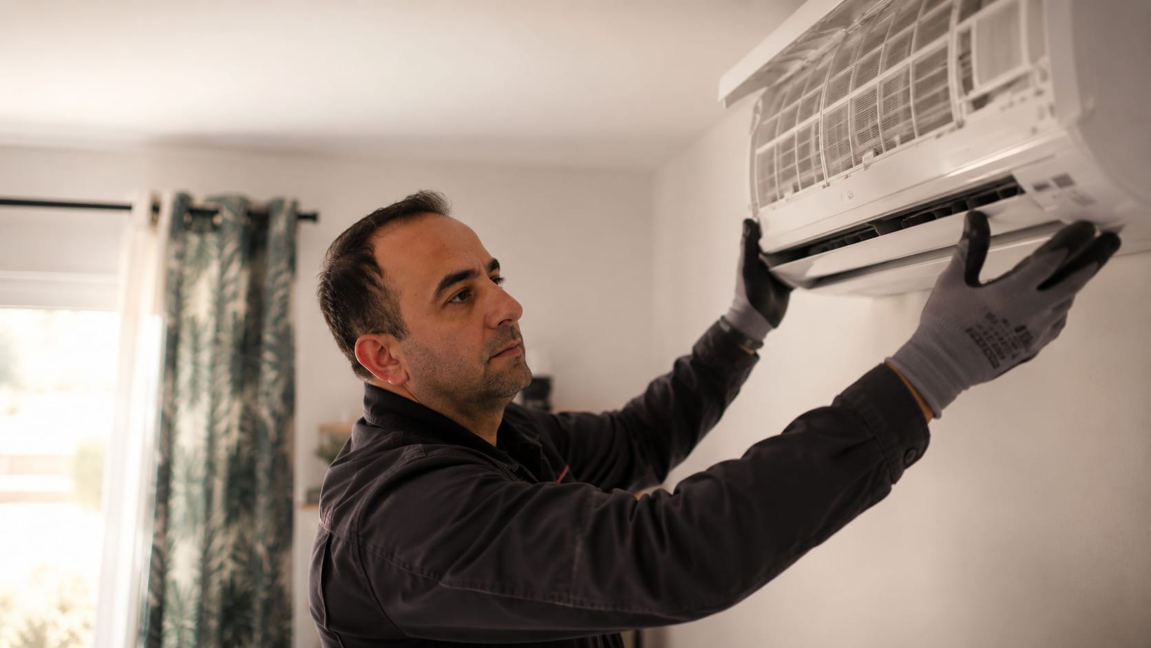 Installation d'une unité murale de climatisation par un technicien EDYCLIM