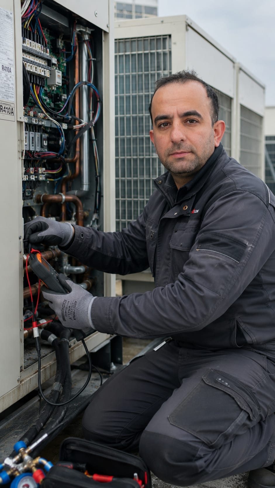 Technicien EDYCLIM réalisant la maintenance d'un groupe de climatisation